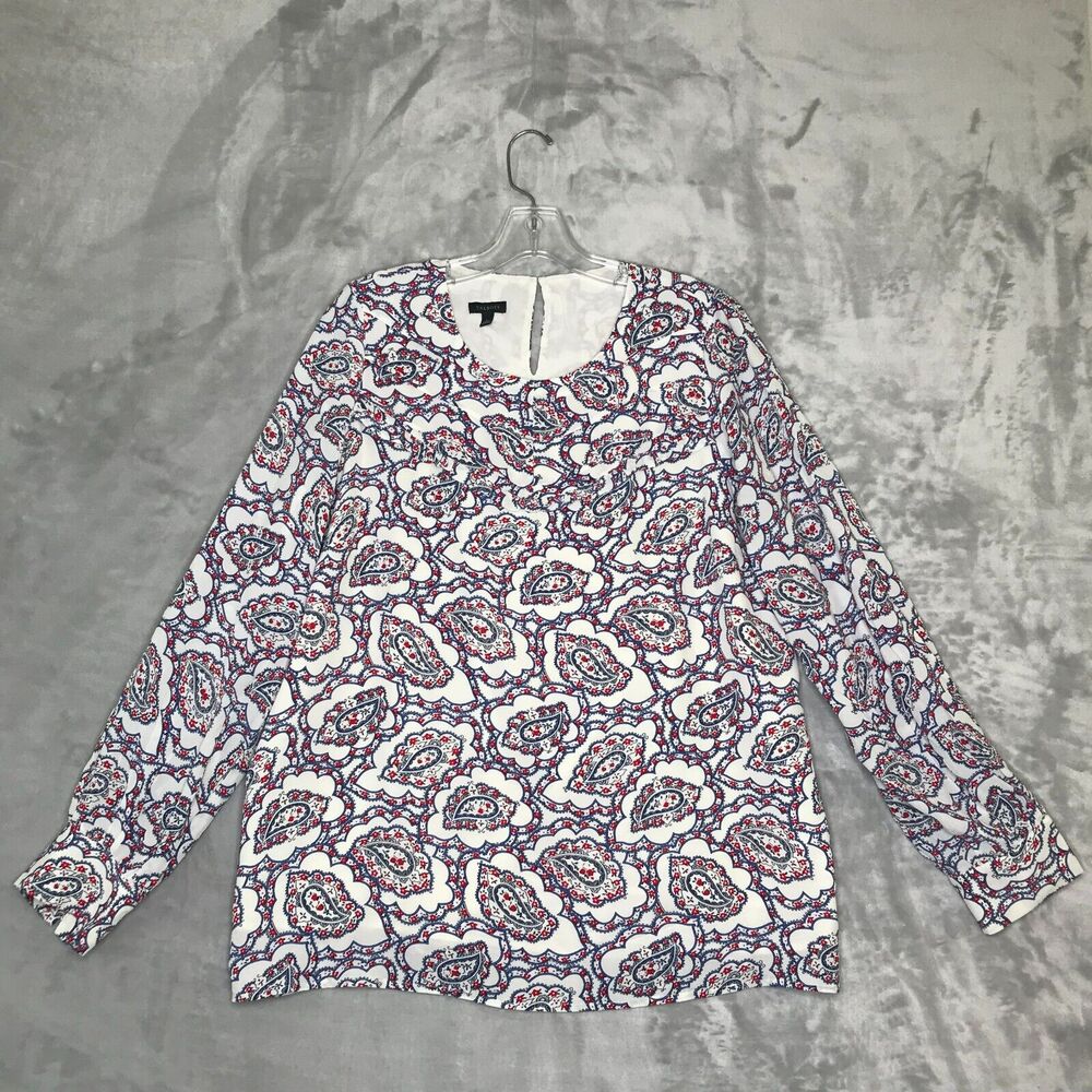 Talbots Top Womens L Red White Blue Floral Ruffle Crew Neck 3 Button Cuff Lined